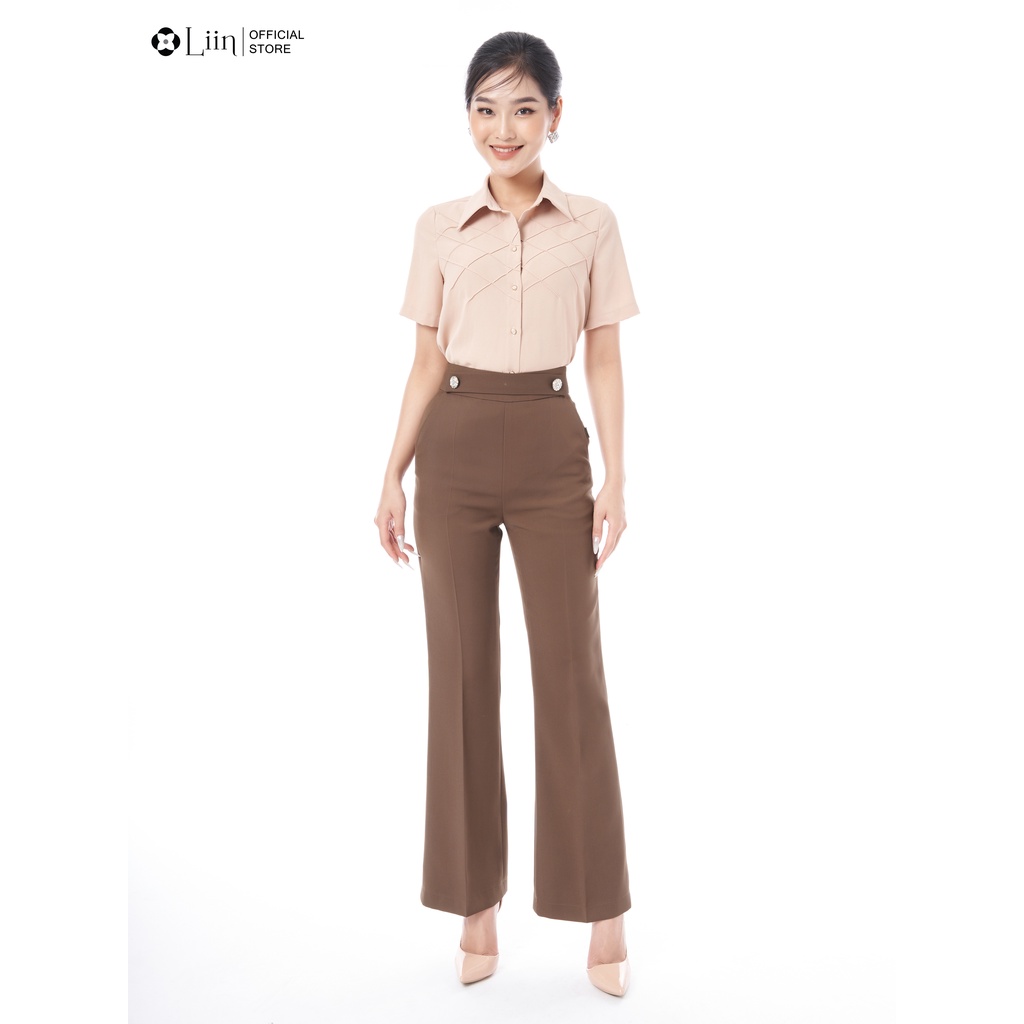 Áo sơ mi nữ cộc tay linbi cao cấp chất vải đũi cộc tay màu nâu phong cách thanh lịchLiin Clothing SM4384