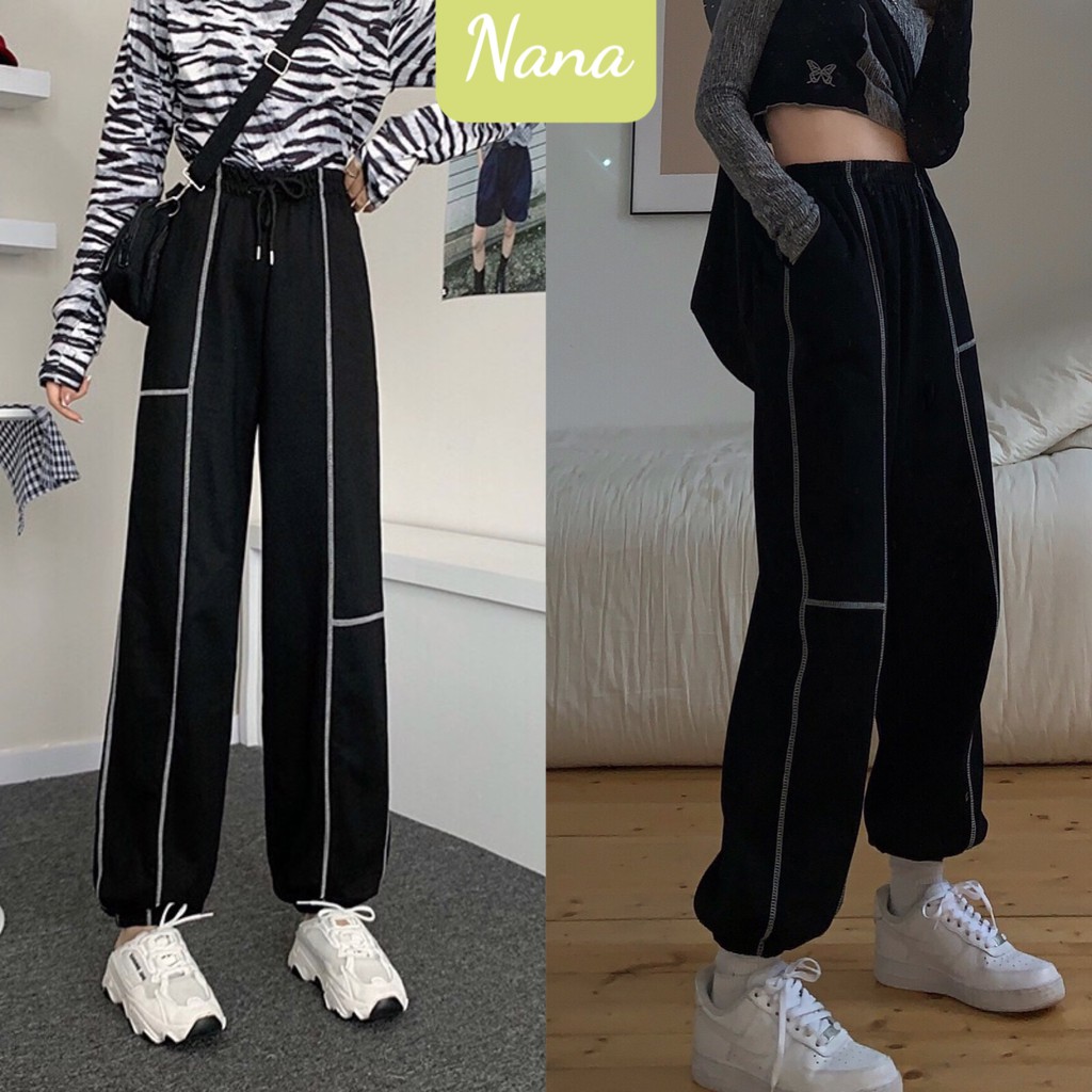 Quần jogger nữ ống rộng bigsize họa tiết viền chỉ trắng dáng dài ulzzang