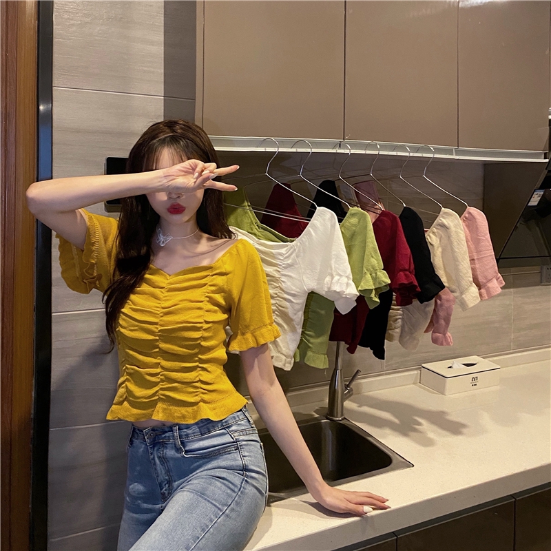 IELGY    Áo Thun Dệt Kim Ngắn Tay Hở Rốn Ôm Dáng Xếp Ly 7 Màu Sắc Tùy Chọn Cho Nữ