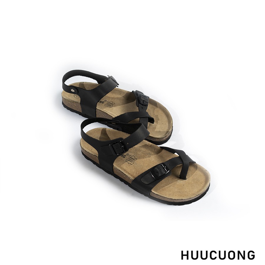 Giày Sandal Unisex HuuCuong xỏ ngón da bò đen đế trấu