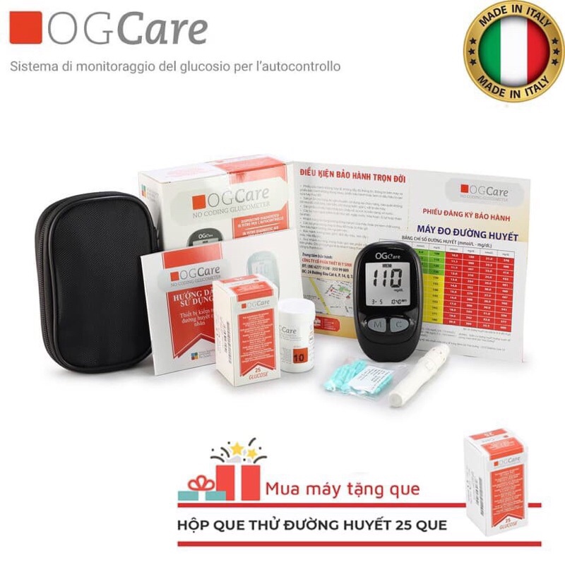 Máy đo đường huyết OGCare (Ý) + Tặng 25 que+ 100 kim