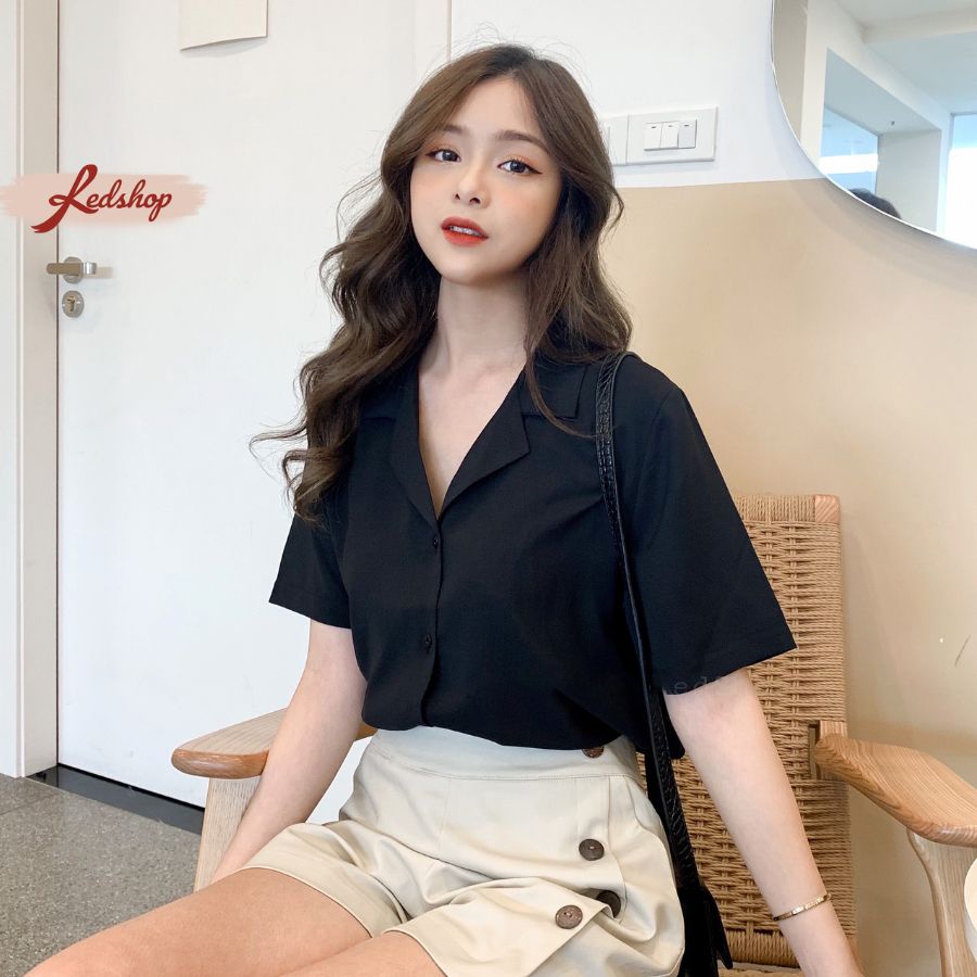 Áo sơ mi nữ tay lỡ cổ vest vải đũi hàn mịn màu trơn basic  - Red Shop