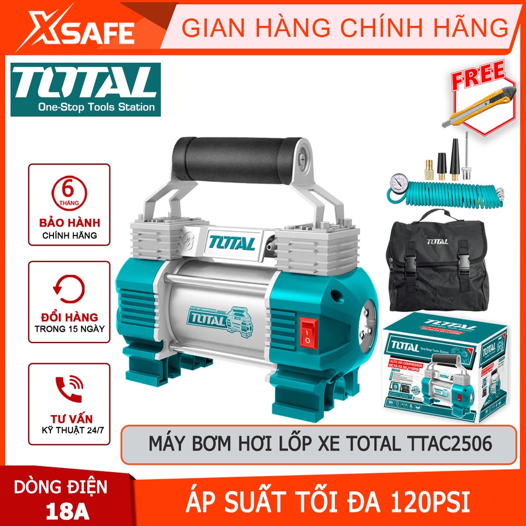 Máy bơm hơi lốp xe ô tô TOTAL TTAC2506 Máy nén khí mini áp suất tối đa 120 psi, kèm theo 3 đèn LED và pin kẹp - [XSAFE]