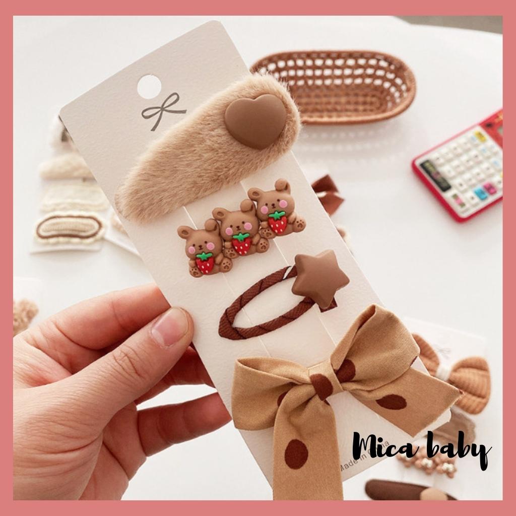 Set kẹp tóc nâu họa tiết dễ thương cho bé gái KT32 Mica Baby