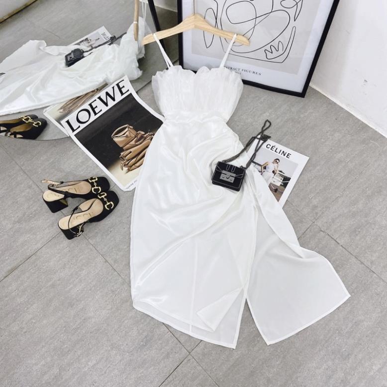 Đầm body trắng phi lụa 2 dây phối voan tầng ngực