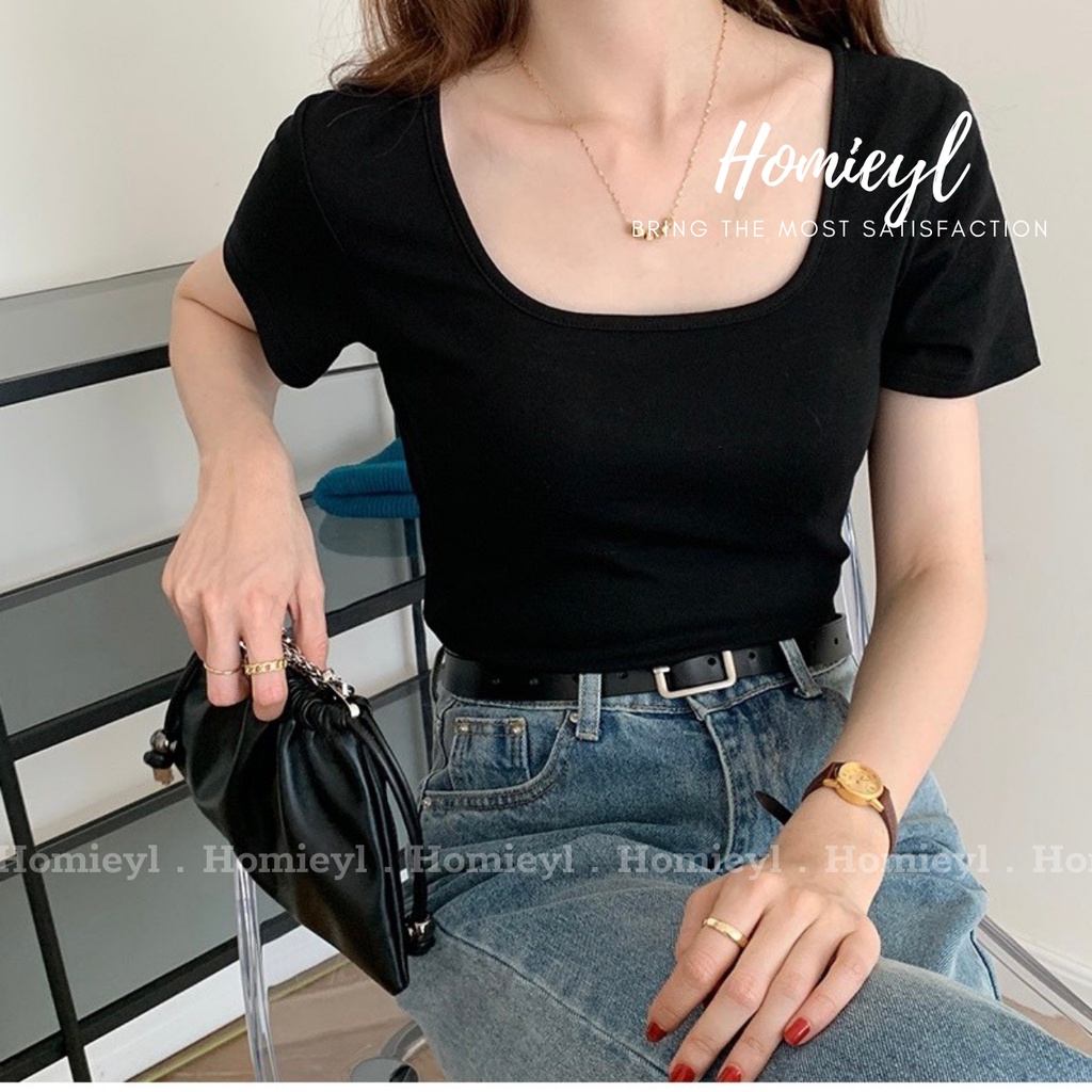 Áo thun trơn nữ cổ vuông ngắn tay ôm body cotton basic đẹp đen trắng Homieyl cao cấp, áo phông trơn nữ 🔲 đi chơi H22