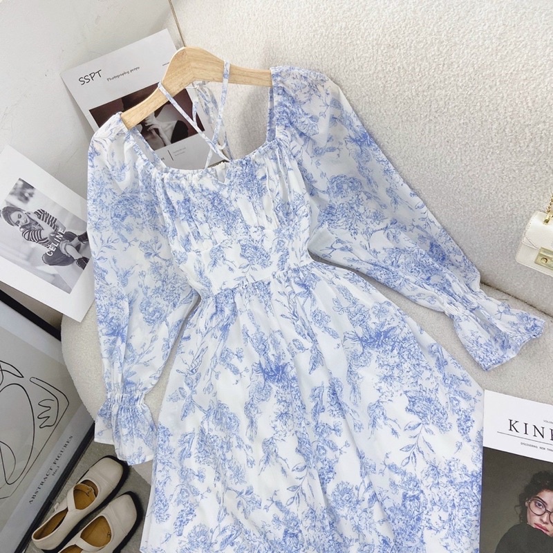 🦋Đầm MiDi Hoa Xanh Cổ Vuông Dây Chéo Tay Bo Thun🦋