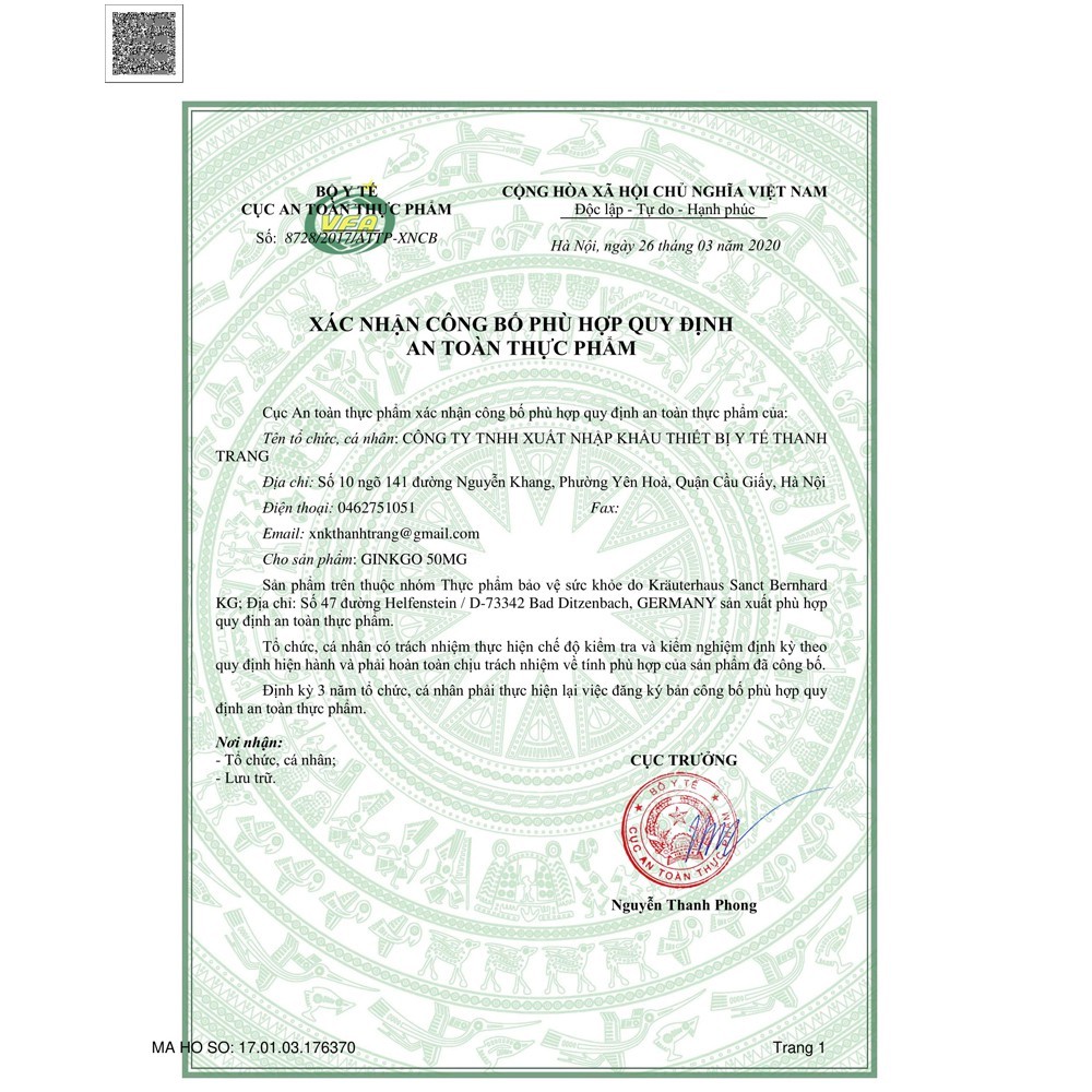 Viên uống Bổ não, tăng tuần hoàn não Ginkgo Kapseln 50mg (Hộp 60 Viên) -[Chính hãng Sanct Bernhard Đức ] | Thế Giới Skin Care