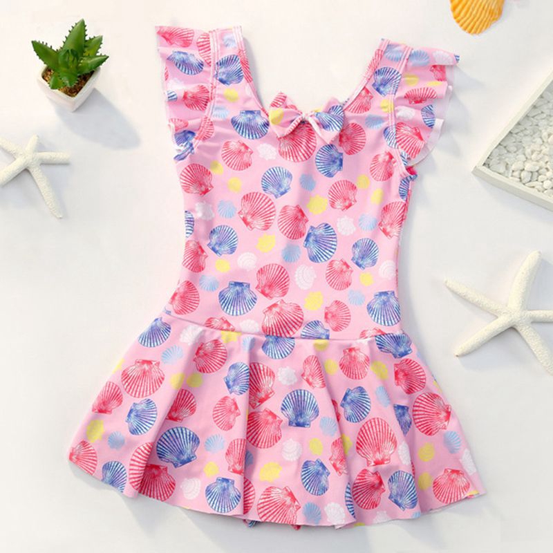 Pretty Girls Swimming Dresses+Swimming Cap 2pcs Korea Print Sports Swimsuit INS Kids Fashion Swim Wear