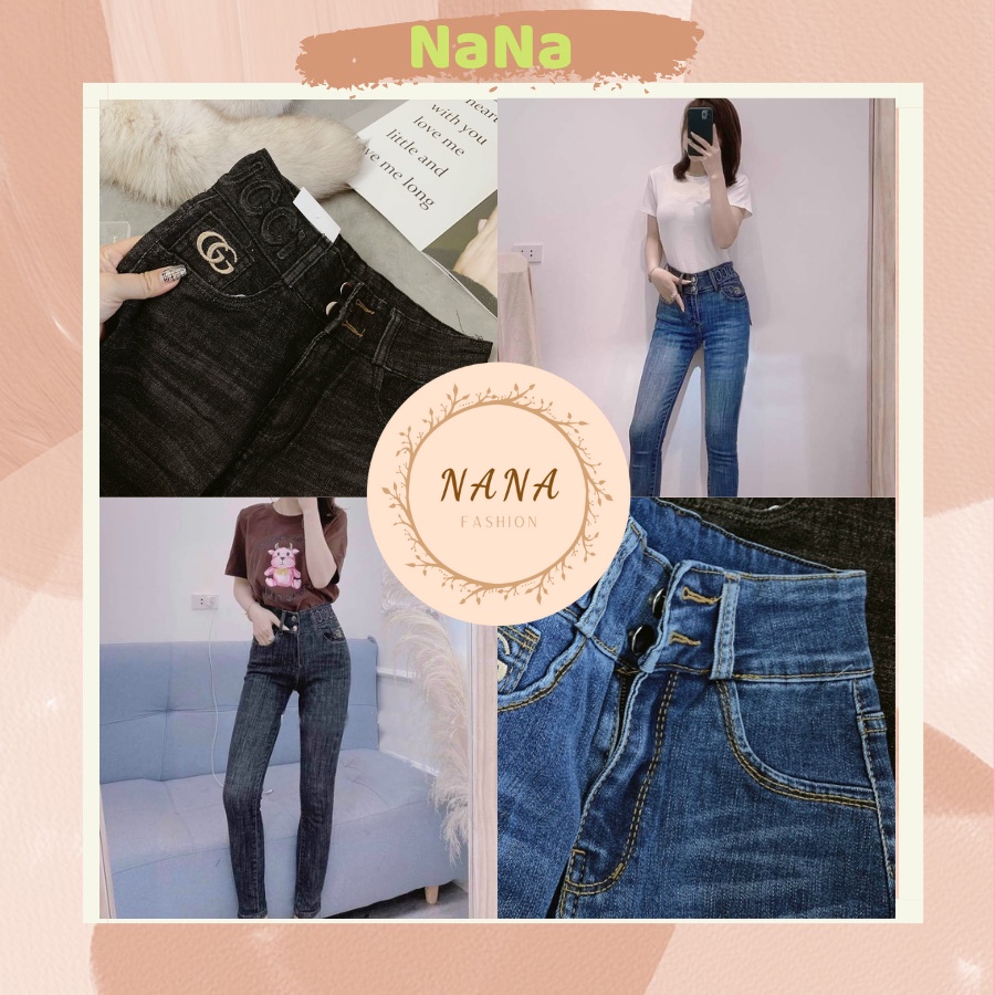 [Hàng Cao cấp loại 1]Quần Jean 2 Khuy Thêu  Chất Liệu vải Co Giãn Lưng Cao Túi Chéo Cạp Đan Giây Nan