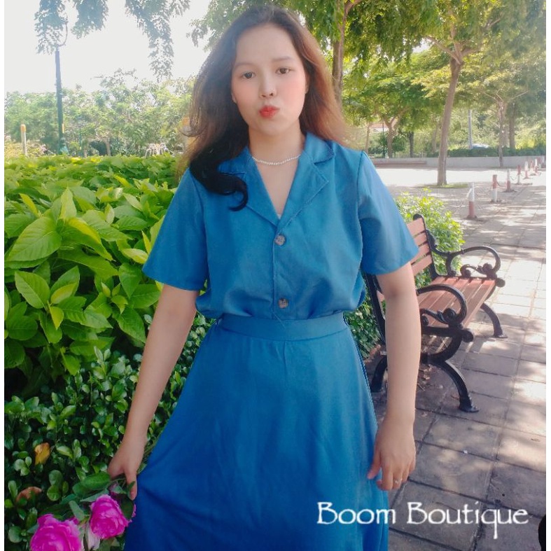 SET ÁO CỔ SƠ MI KÈM CHÂN VÁY DÀI XANH_B.O.O.M