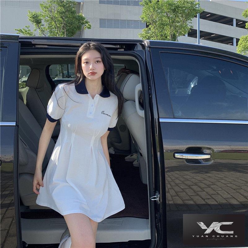 Đầm Dáng Chữ A Cổ polo Tay Ngắn Lưng Cao Phong Cách Phương Tây Thời Trang Mùa Xuân Dành Cho Cặp Đôi 2022