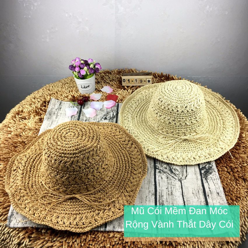 Mũ cói mềm đan móc rộng vành thắt dây cói