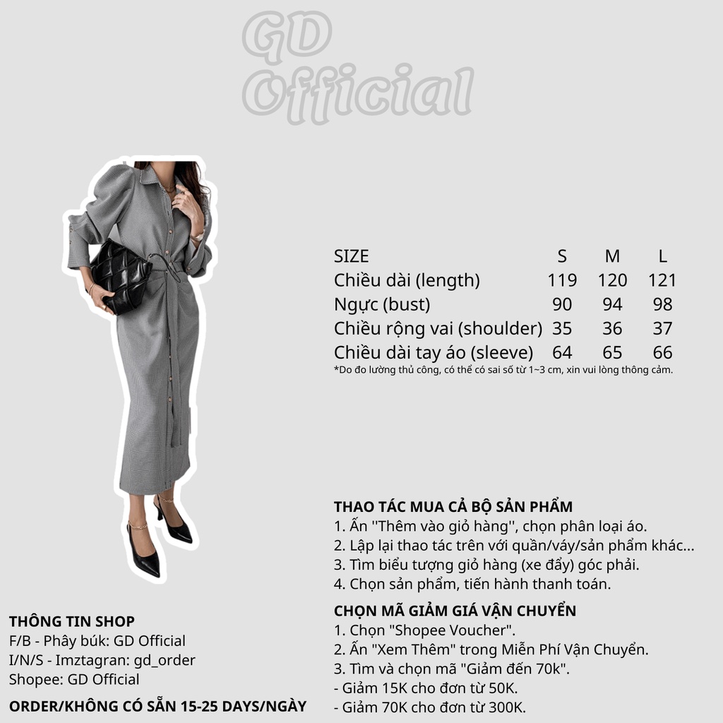 D32|Đầm nữ kẻ sọc sang trọng quý cô kèm thắt lưng tay xếp phồng GD Official