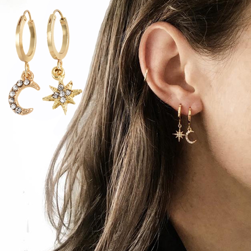 1 Pair Shinny Gold Silver Crystal Star Moon Women  Earrings/ Geometric Dangle Earrings Asymmetric Earrings of Star and Moon