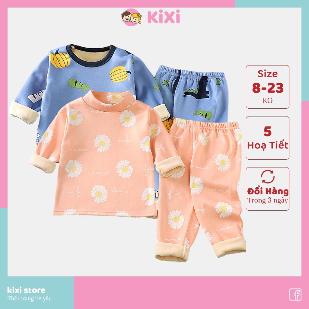 Bộ nỉ bông cho bé trai bé gái KiXi bộ quần áo dài tay lót nhung ấm áp nhiều hình đẹp cho bé mặc nhà CMQAD08