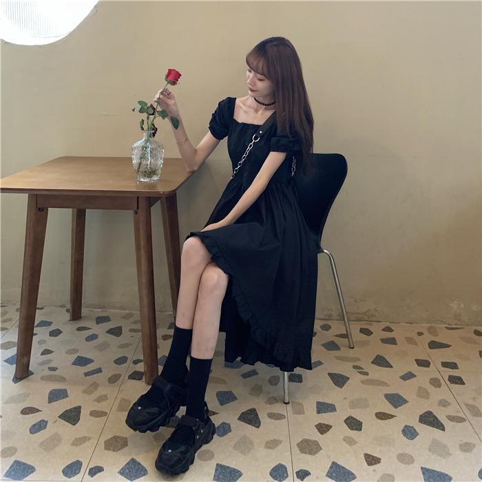 Đầm Chữ A Tay Ngắn Màu Đen Phong Cách Retro Pháp Thời Trang Mùa Hè Cho Nữ