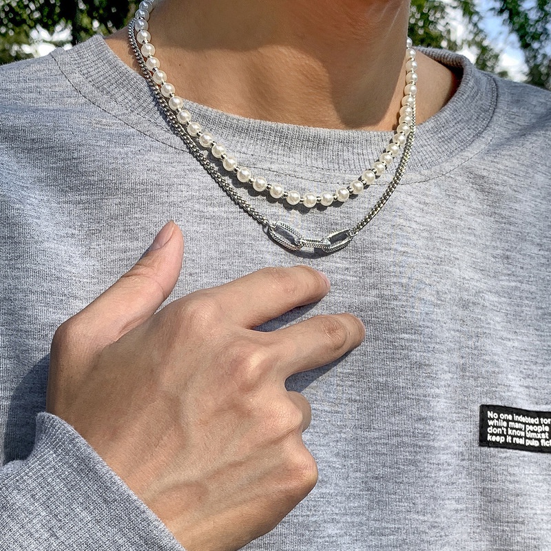 Dây Chuyền Hai Lớp Đính Ngọc Trai Phong Cách Hip Hop Cho Nam