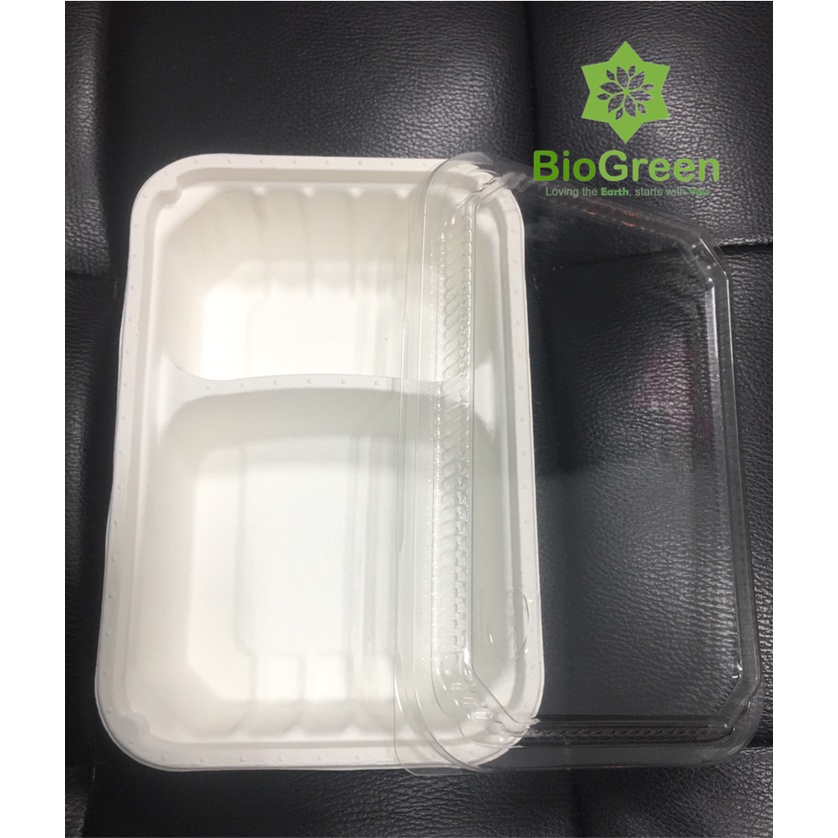 25 hộp FEST giấy bento 2 ngăn nắp nhựa 600ml Biogreen