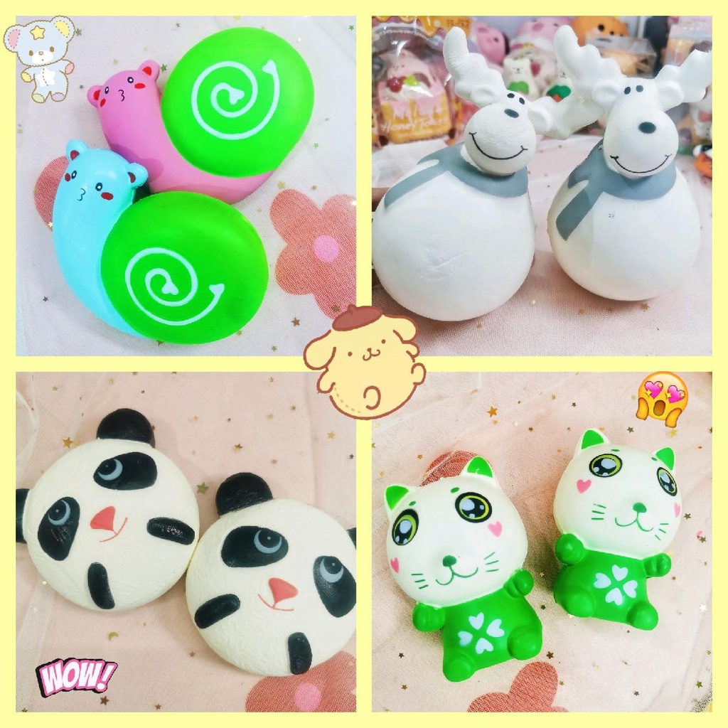 Giá Rẻ )Squishy đồ chơi ốc sên, hươu sao, panda, mèo thần tài