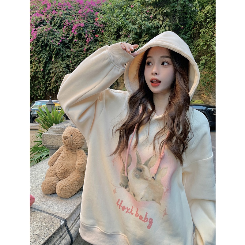 Áo Khoác Tay Dài Có Nón Lót Lông Cừu Dày Dặn Dáng Rộng In Họa Tiết Hoạt Hình