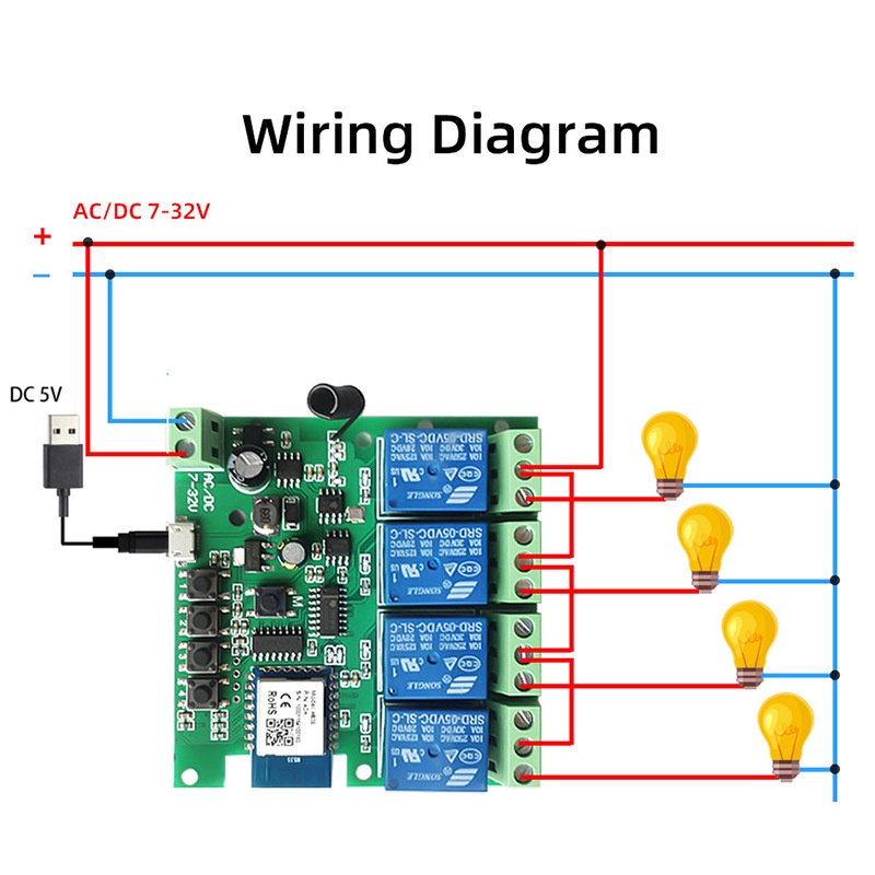 Công tắc thông minh 4 kênh 5-32VDC kết nối Wi-Fi app Tuya Smartlife, 433Mhz điều khiển từ xa