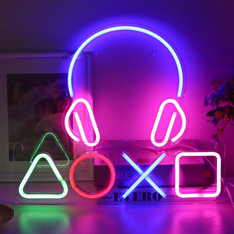 Đèn led neon size lớn tạo hình máy game, tai nghe, Squid Game decor phòng gaming, góc làm việc