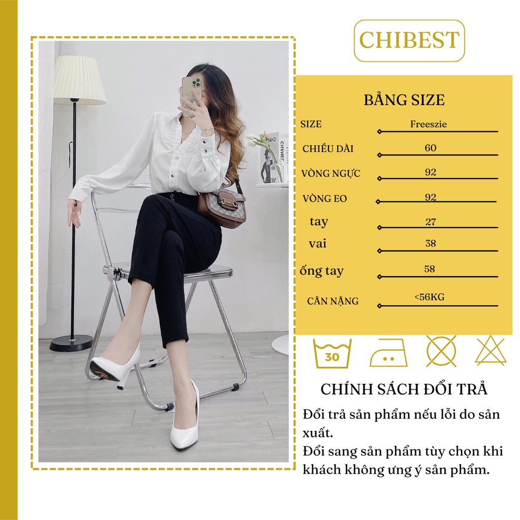 Áo sơ mi kiểu cổ chun tay phồng phối nút chất liệu lụa satin phong cách sang chảnh CHIBEST AAB810