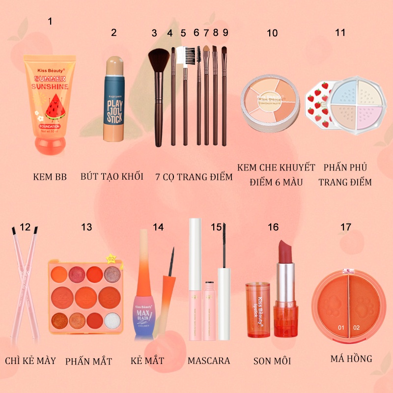 Bộ trang điểm 17 món đầy đủ set trang điểm đầy đủ cơ bản bộ makeup đầy đủ nội địa trung KISS BEAUTY PS-17JT-A01