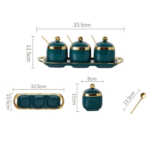 Bộ 3 hũ sứ viền vàng cao cấp đựng gia vị kèm khay và thìa