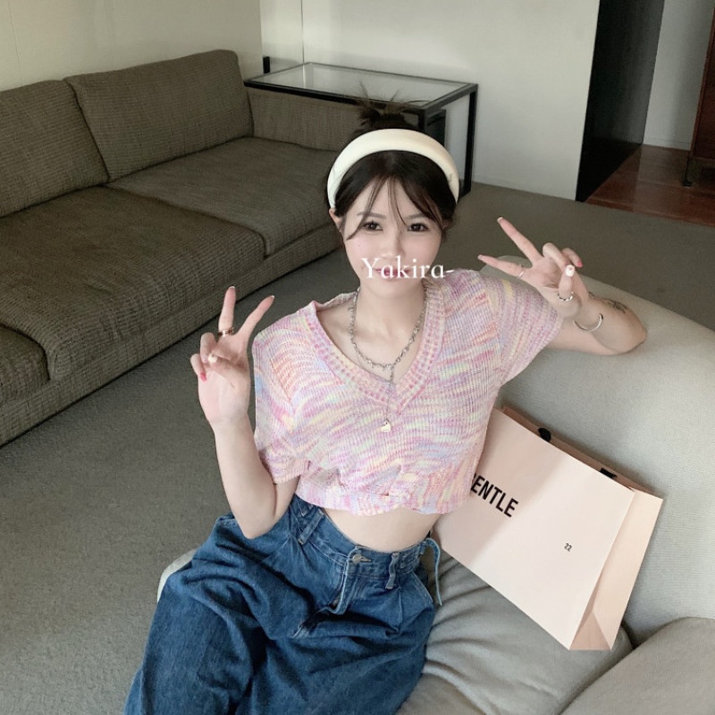 Áo Crop Top Dệt Kim Tay Ngắn Cổ Chữ V Lưng Cao Nhiều Màu Thời Trang Xinh Xắn Cho Nữ