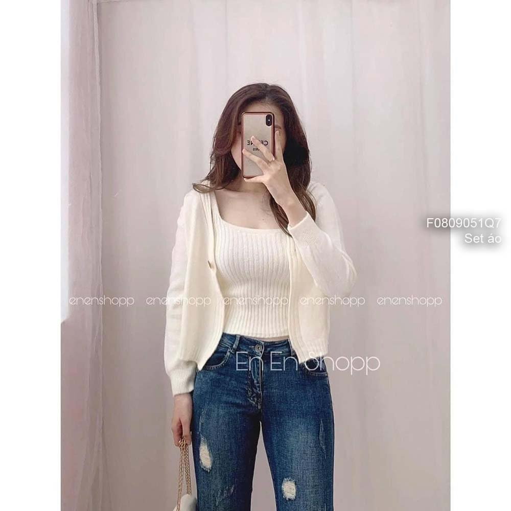 Set áo len cặp áo khoác tay dài kèm áo 2 dây hàng QC!