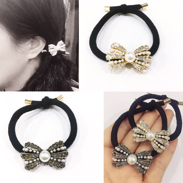 Buộc tóc hình nơ đính đá và ngọc phong cách Hàn