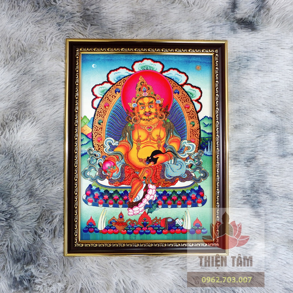 Tranh Mật Tông Thangka Hoàng Thần Tài Jambala 36x48cm bằng vải phủ bóng, khung composite xịn xò