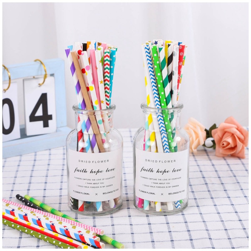 Set 100 Ống Hút Giấy Họa Tiết Chấm Bi Nhiều Màu Sắc Thân Thiện Với Môi Trường