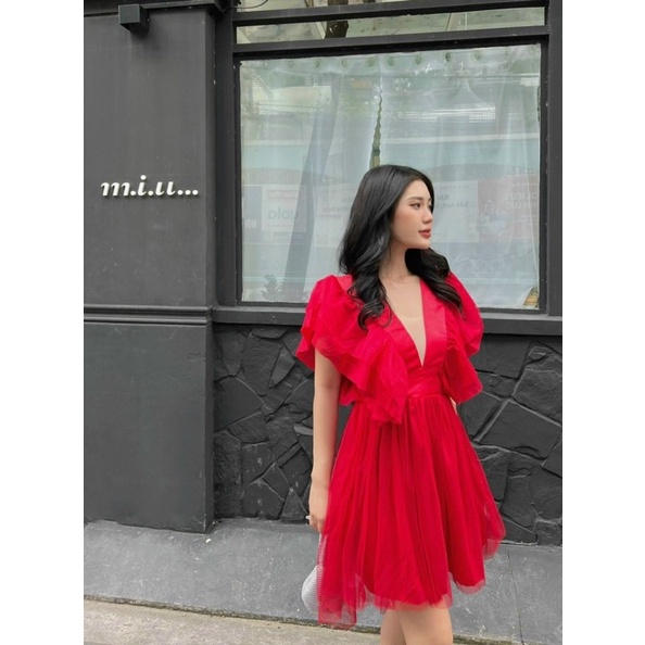 Đầm lưới ngắn xoè đuôi tôm cổ v vai cánh tiên Đỏ Xanh biển Váy đi chơi dạo phố du lịch dự tiệc dễ thương hogirl tk