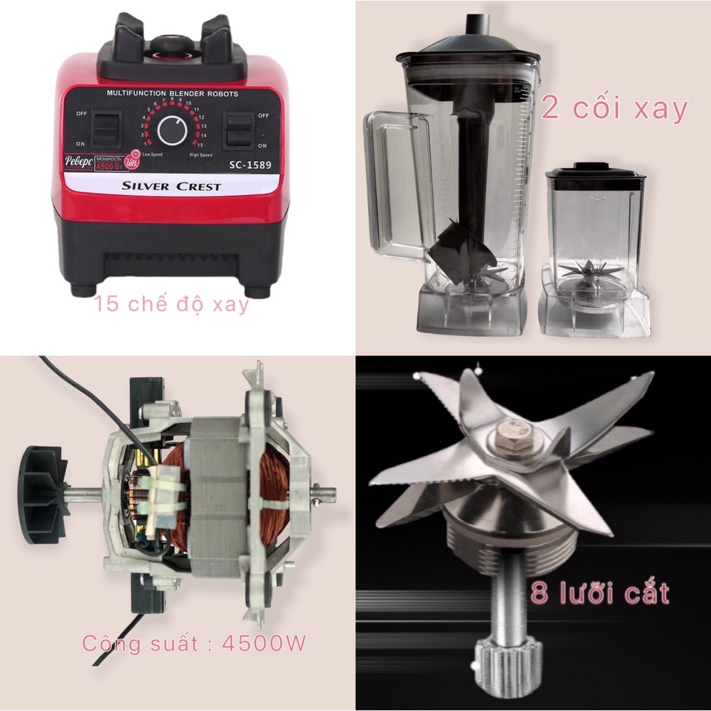 [Mã ELHA22 giảm 5% đơn 300K] Máy Xay Sinh Tố Công Nghiệp 4500W 2 CỐI xay đá bào, xay thịt cá, rau củ quả