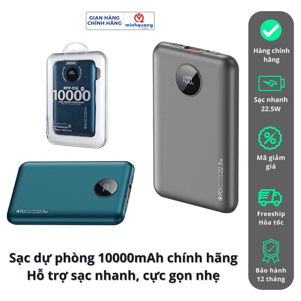 Sạc dự phòng CỰC NHANH 10000mAh 22.5W Remax RPP-216 / MinhQuangmobile