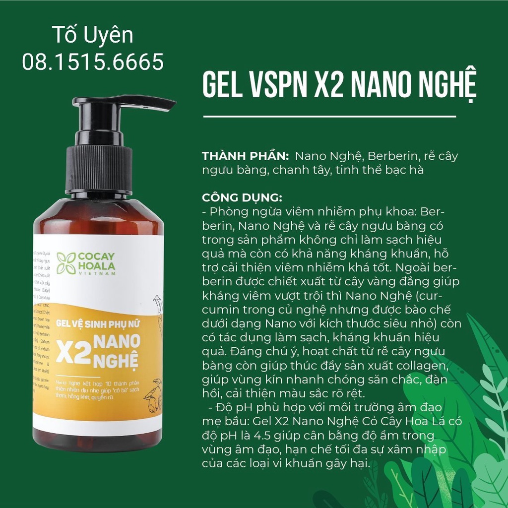 Dung dịch vệ sinh phụ nữ Gel X2 Nano Nghệ Cỏ Cây Hoa Lá 150 ml