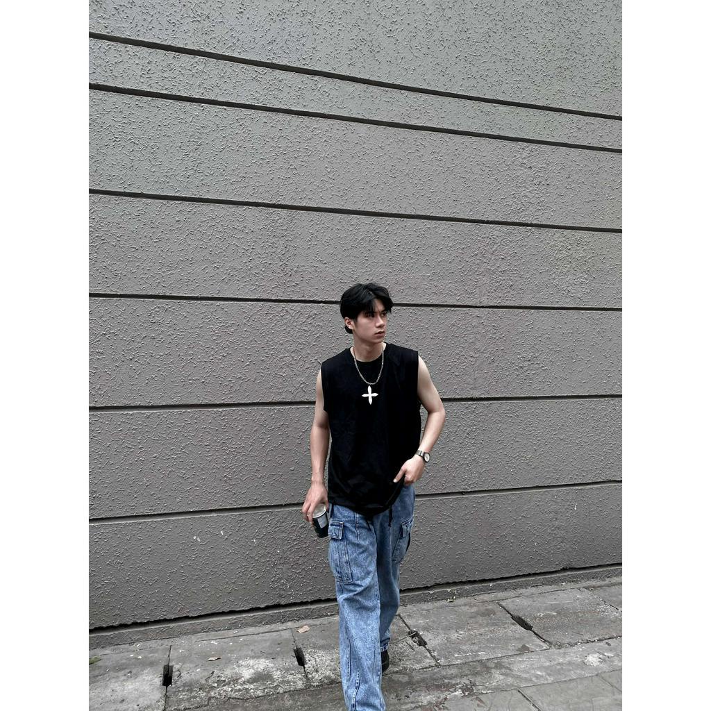 Áo tank top chữ thập HDU áo ba lỗ nam form rộng chất liệu cotton 100% mã AT27