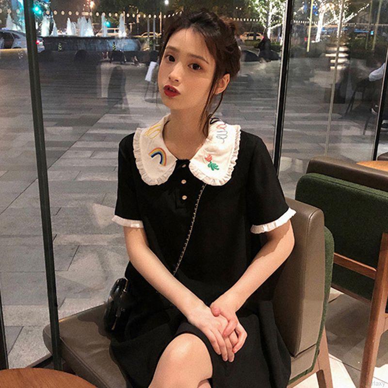 Đầm Ngắn Tay Cổ Búp Bê Thêu Họa Tiết Xinh Xắn Theo Phong Cách Hàn Quốc