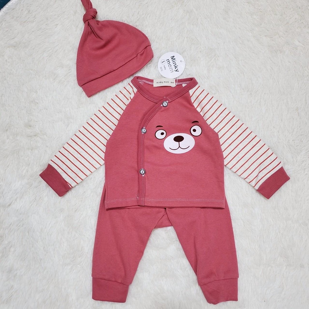 (Tặng kèm mũ) bộ sơ sinh cài lệch vải thun tăm dày mùa đông cho bé 3-9kg