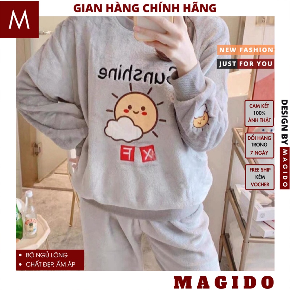 Set bộ ngủ lông gấu thêu chữ sunshine, đồ ngủ nỉ bông nữ mặc nhà thu đông dài tay siêu ấm họa tiết đáng yêu, MAGIDO | BigBuy360 - bigbuy360.vn