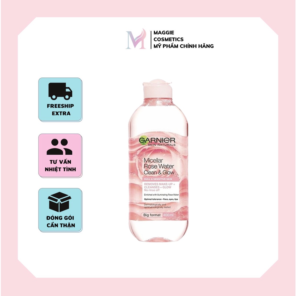 NƯỚC TẨY TRANG GARNIER MICELLAR ROSE WATER CLEANSE &amp; GLOW DULL &amp; SENSITIVE SKIN 400ML MẪU MỚI