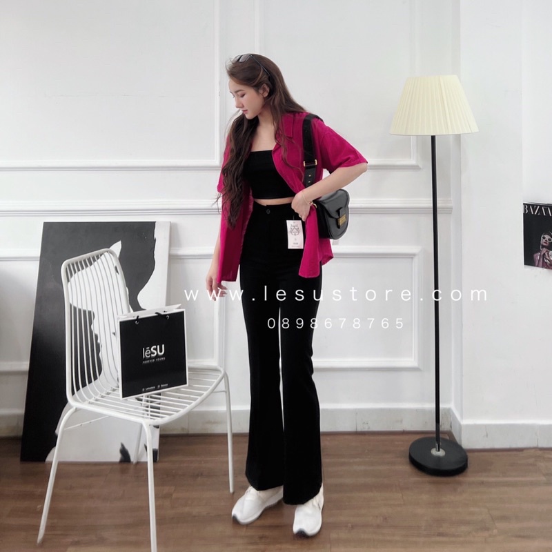 ẢNH TỰ CHỤP Quần loe tây trơn không túi lưng cao ĐEN