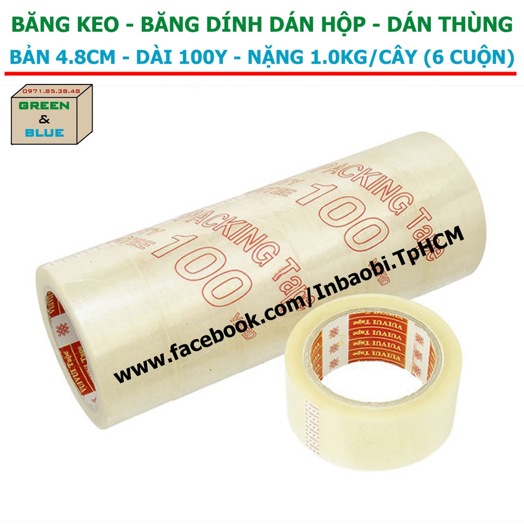 Băng keo trong dán hộp 100Y, Nặng 1kg/ cây, Dày 50 Mic, Bản 4F8, Băng keo dán thùng, băng keo giá rẽ, GreenBlueBox