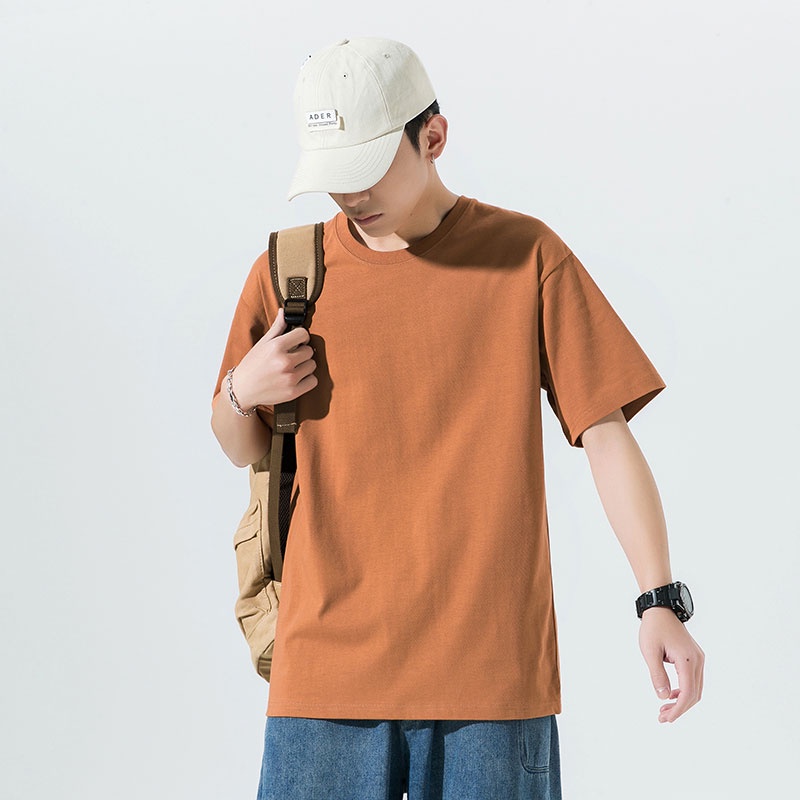 Áo Thun 100% Cotton Tay Ngắn Cổ Tròn Dáng Rộng Màu Sắc Đơn Giản Cho Nam Giới