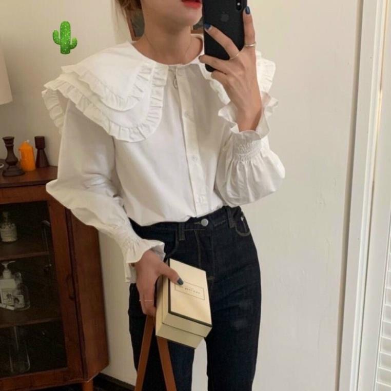 Áo sơ mi viền bèo chất vải Voan Free Size dưới 53kg dành cho nữ [Hàng Đẹp] | BigBuy360 - bigbuy360.vn