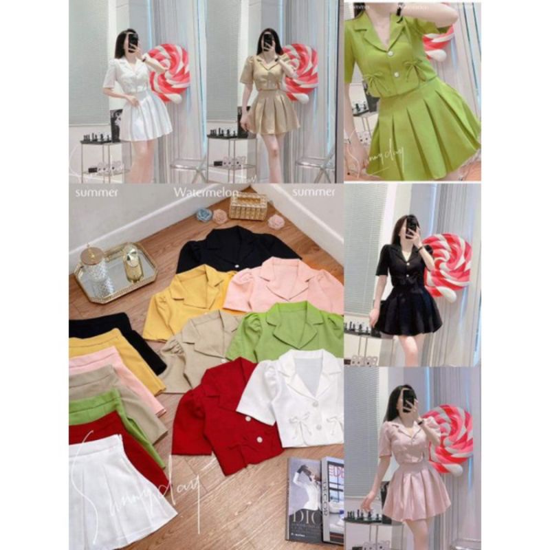 SET ÁO CỔ VEST NƠ VÀ CHÂN VÁY DẬP LI