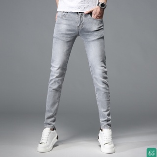 Quần Jeans Nam Chất Bò Rin Cao Cấp Xanh Bạc Rách Gối Co Giãn Ống Côn Dáng Ôm Basic T41